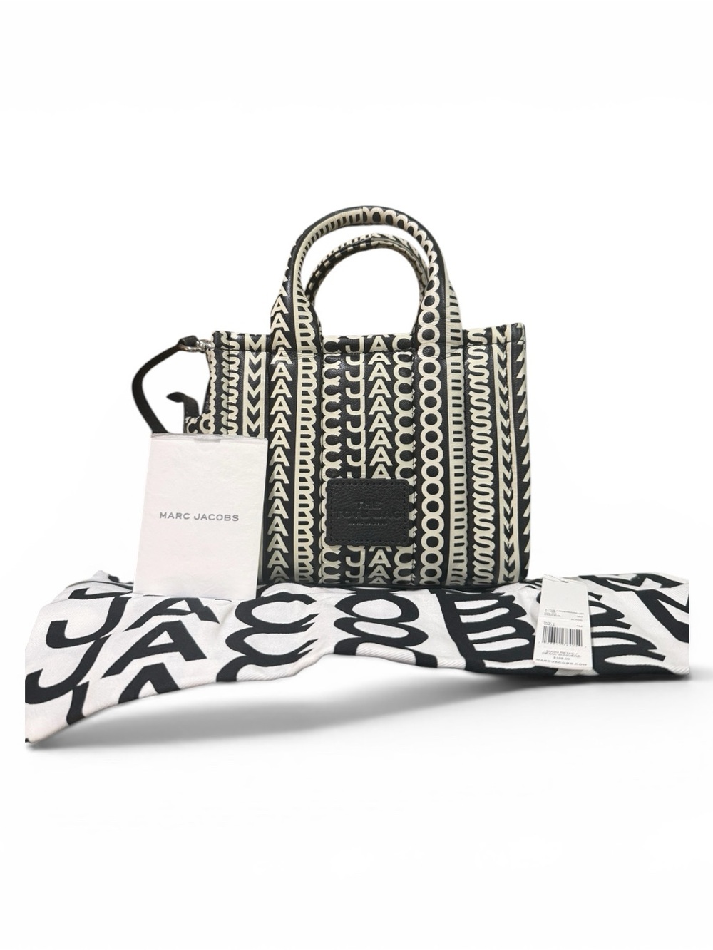 Marc Jacobs The Tote Bag Mini Black Ivory Logo Print Leather Crossbody Dust Bag - Picture 3 of 11